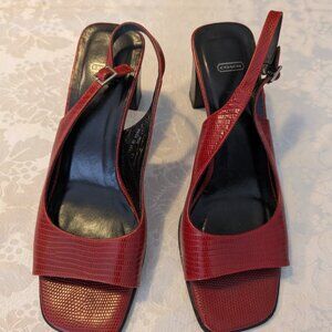 Coach Red Open Toe Slingback Sandals, 3-inch Heels Pumps, Faux Snakeskin 7.5B
